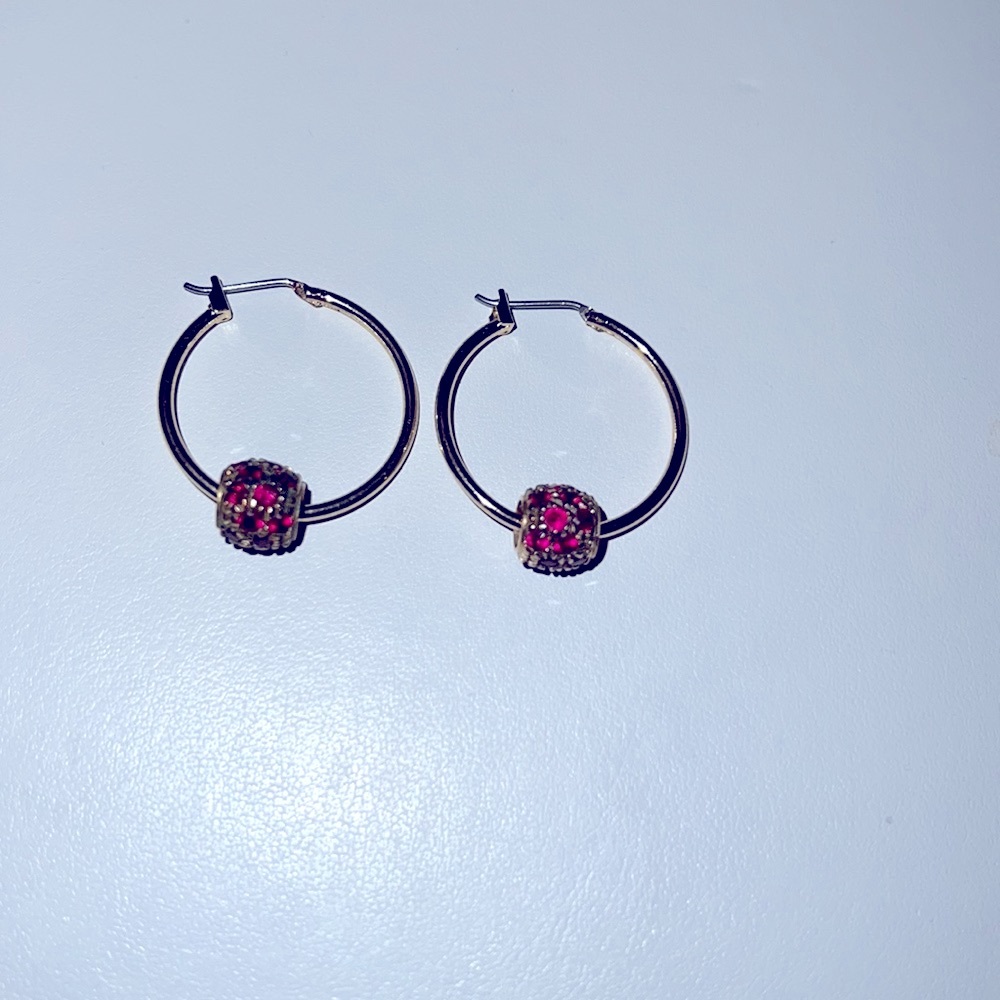 14k Gold Hoops With Ruby (Lab-Created) And Gold D… - image 1